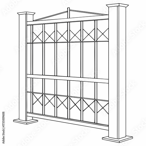 Architectural drawing of a decorative metal garden gate with ornate cross bracing and square posts on a white background
