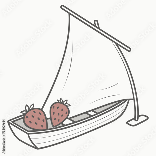 A whimsical illustration of a small sailboat carrying two ripe strawberries in its hull with a simple outline and pastel colors
