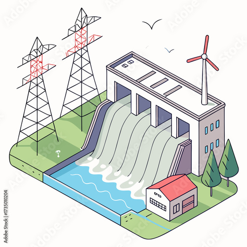 Isometric view of a hydroelectric power plant with wind turbine and towers