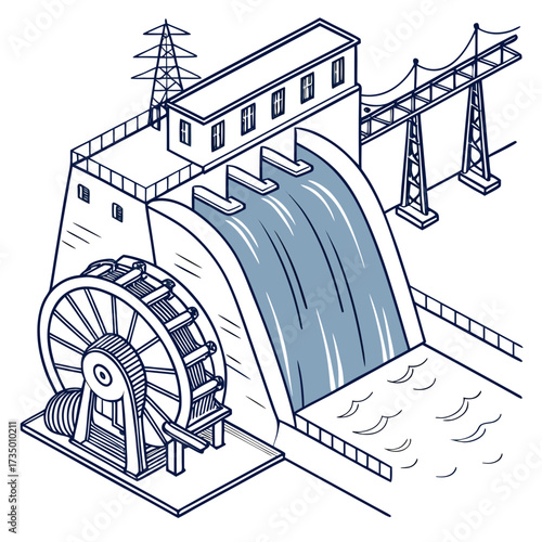Isometric view of a hydroelectric power plant with water wheel and towers