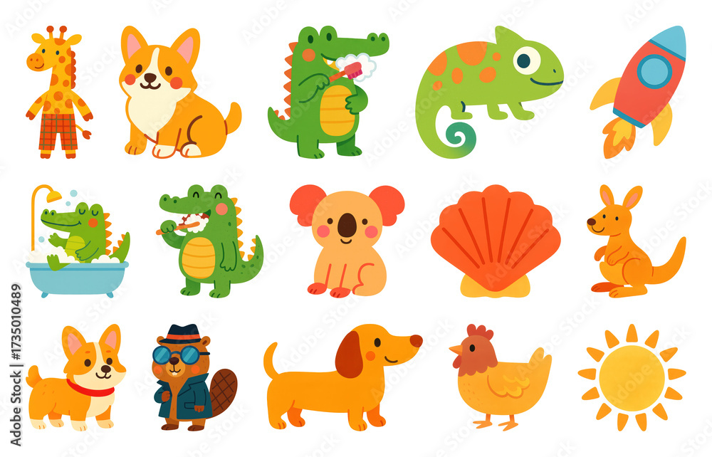 Fototapeta premium PNG Colorful cartoon animal stickers, element set on transparent background