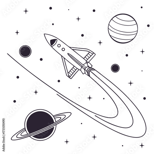 A rocket ship flies through space among planets and stars