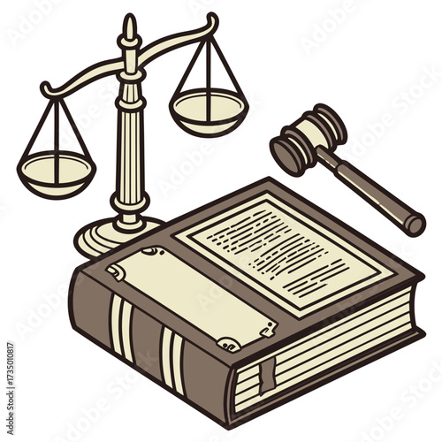 Illustration of law book, gavel, and scales of justice
