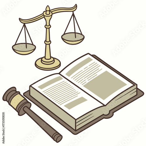 Illustration of an open law book with a gavel and scales