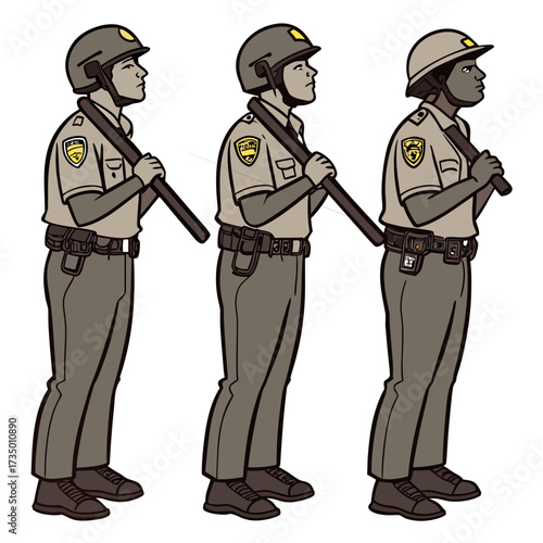 Three police officers in riot gear standing in formation