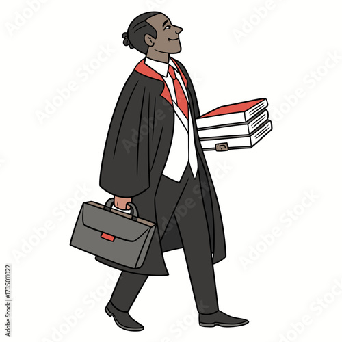 A lawyer in robe walks with briefcase and books