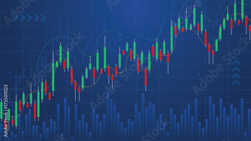Stock market trading background with candlestick chart, price movement, and data analysis, ideal for finance, forex, cryptocurrency, and investment related concepts