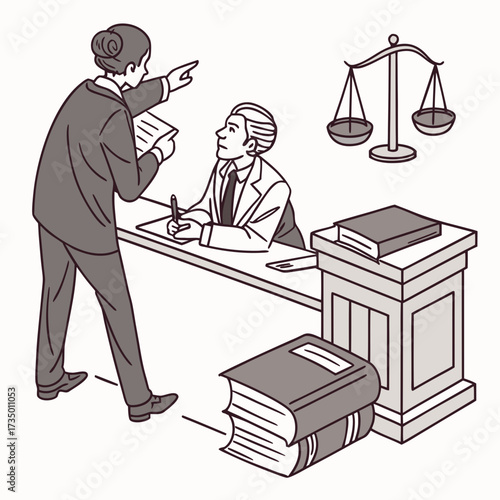 Lawyer arguing with client in office with scales of justice and books
