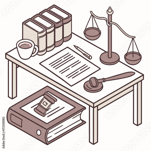 Law office desk with books and scales of justice