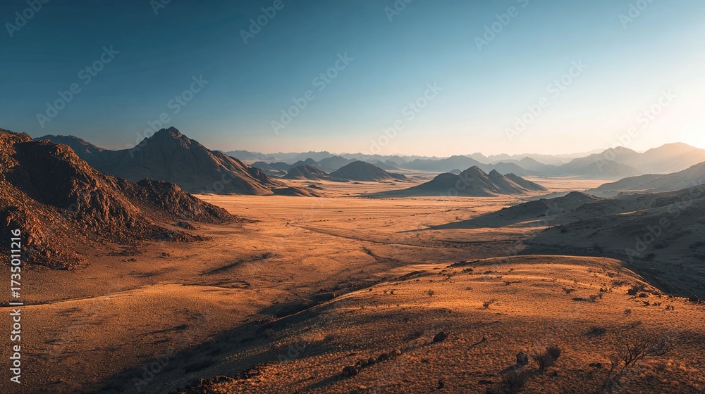 Naklejka premium Sweeping desert vista with distant mountains under a serene blue gradient sky