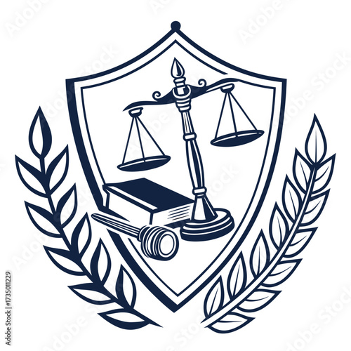 Scales of justice, gavel, and book representing law