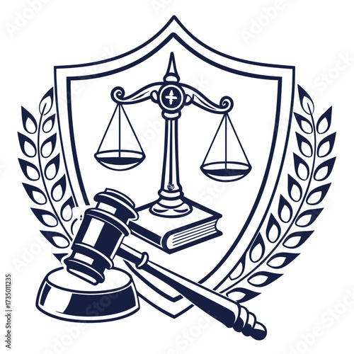 Scales of justice, gavel, and book representing law