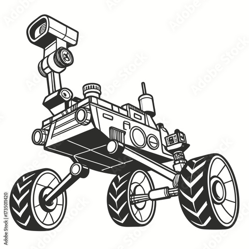 Detailed line drawing of a mars rover with complex mechanical components