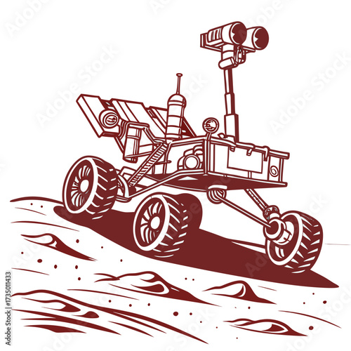 Illustration of a mars rover exploring the surface of the red planet, exploration mission