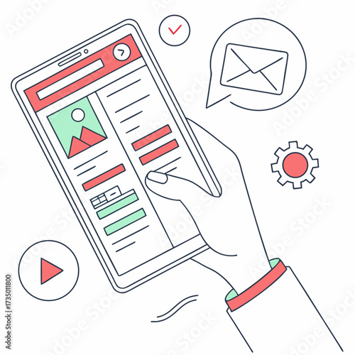 Hand holding tablet showcasing email and multimedia features