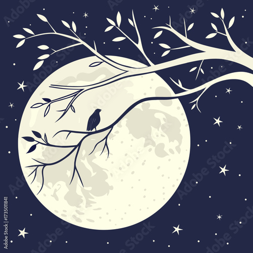 Silhouette of a bird perched on a branch against the backdrop of the moon