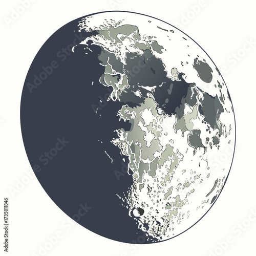 Illustration of the moon with craters and a dark side