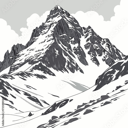 Illustration of a snowcovered mountain peak with clouds