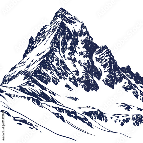 Detailed line drawing of a snowcapped mountain