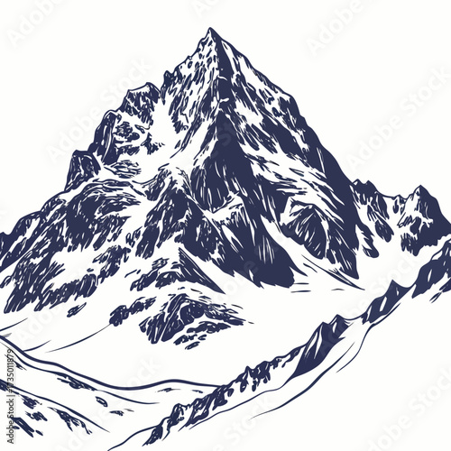 Detailed line drawing of a snowy mountain peak