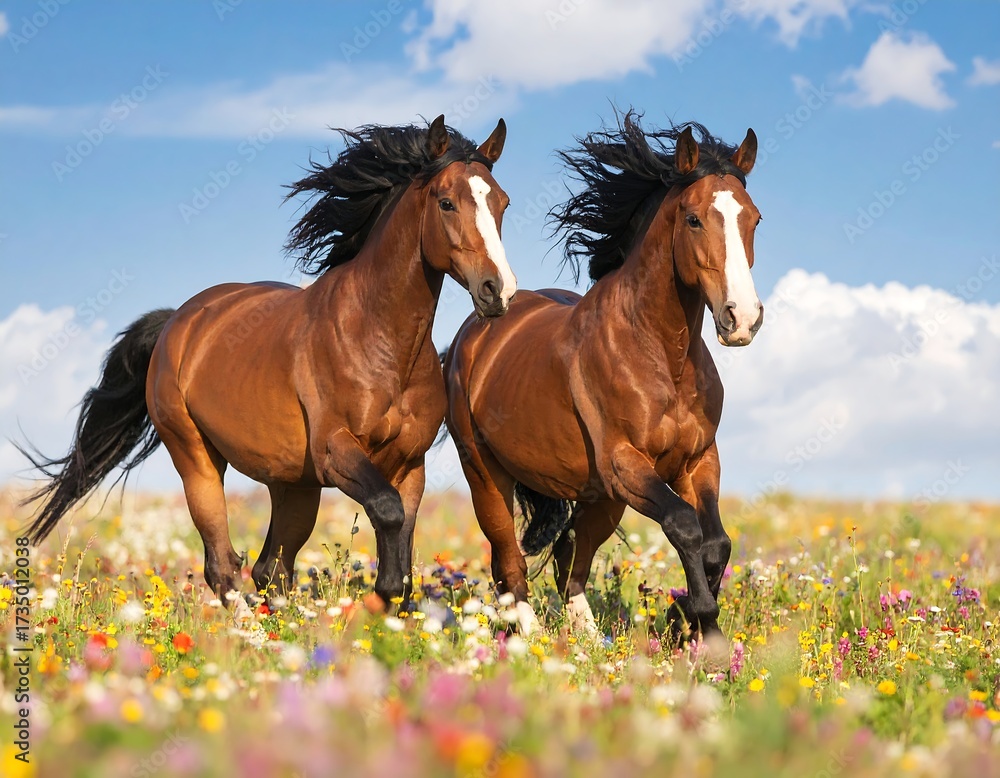 Obraz premium Two brown horses galloping in a field of wildflowers under a sunny sky