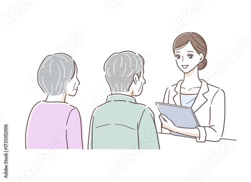 シニア夫婦に説明する女性医師のイラスト素材