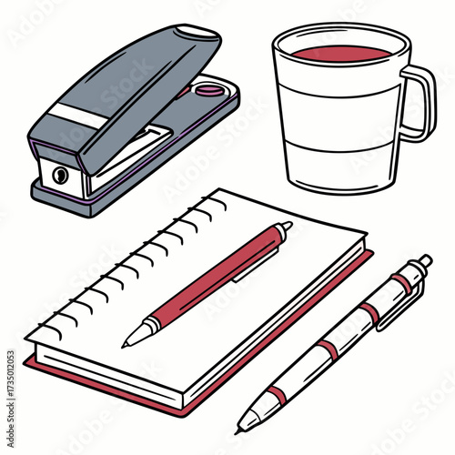 Illustration of a notebook, stapler, mug, and pens