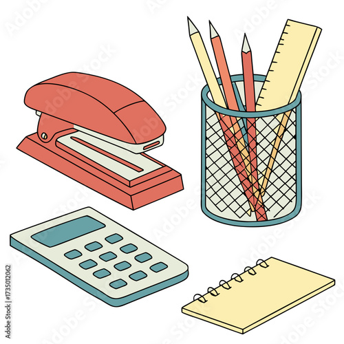 Illustration of office supplies, including calculator