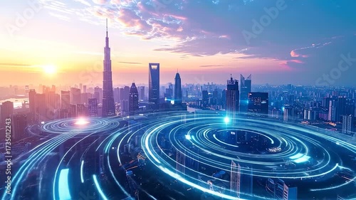Futuristic cityscape at sunrise with glowing blue light trails swirling around modern skyscrapers