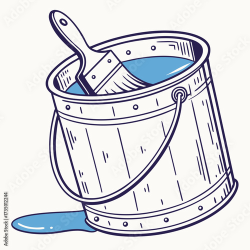Paint bucket with brush and blue paint