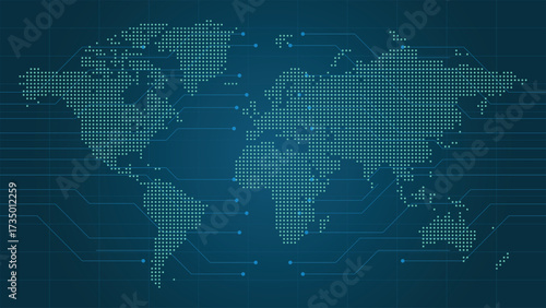 Futuristic digital world map background with glowing dots and circuit connections, perfect for global technology, networking, communication, and data visualization concepts