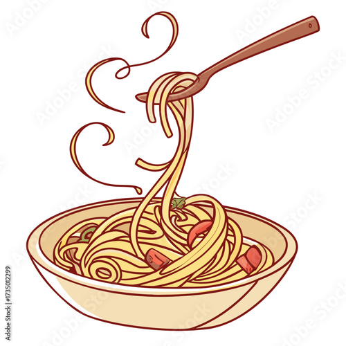Illustration of spaghetti with tomato sauce served on a fork
