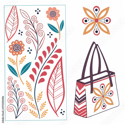 Floral arrangement and tote bag with folk art