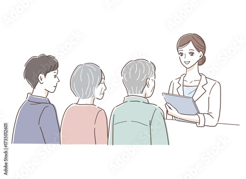 女性医師に説明を受けるシニア夫婦と息子のイラスト素材