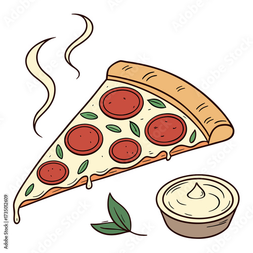 A slice of pepperoni pizza with melted cheese, basil and dip