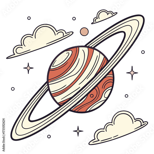 A cartoon planet with rings surrounded by clouds