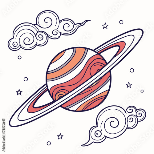 Saturn planet with rings in space with clouds and stars isolated on white
