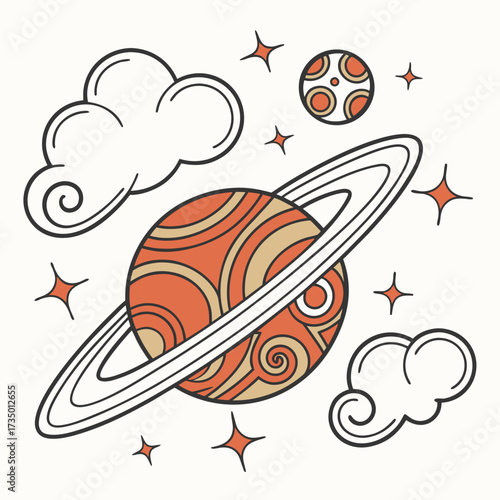 Orange saturn planet with rings in space with clouds and stars around it