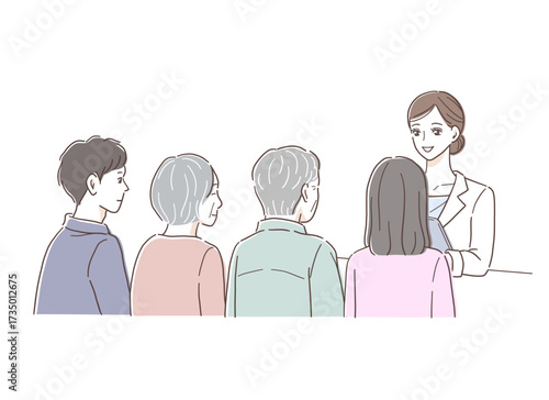 女性医師に説明を受けるシニア夫婦と子供たちのイラスト素材