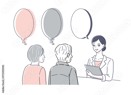 シニア夫婦に説明する女性医師の吹き出し付きイラスト素材