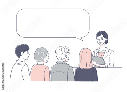 女性医師の説明を受けるシニア夫婦と家族の吹き出し付きイラスト素材