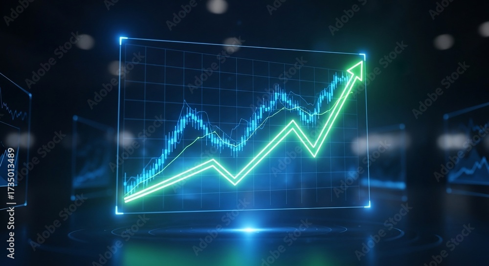 Fototapeta premium Glowing Neon Stock Market Chart - Bullish Trend with Green Arrow Ascending in Blue Frame.