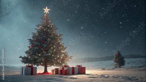 Festive christmas tree surrounded by gifts in a snowy landscape at night capturing holiday cheer and warmth