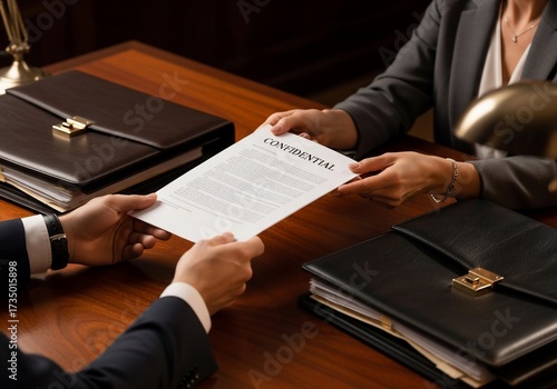 Confidential Document Exchange Between Two Professionals at Wooden Desk
