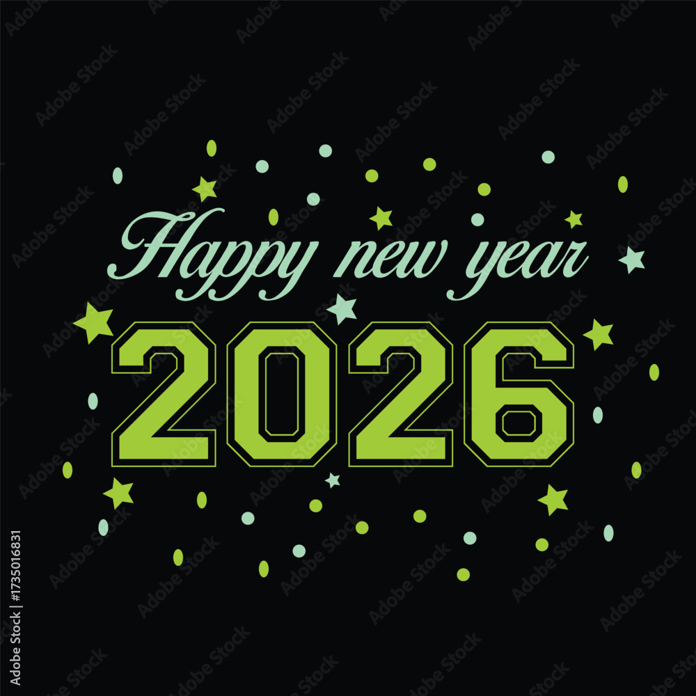 Fototapeta premium Celebrate in style with this Happy New Year 2026 Typography T-shirt. A festive, modern design perfect for ringing in the new year!