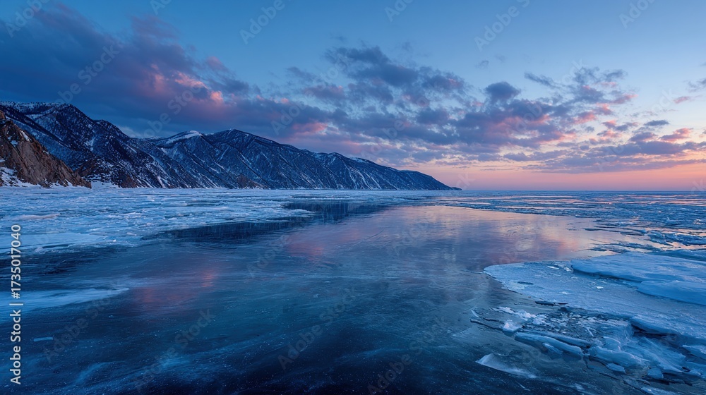 Fototapeta premium Frozen lake meets mountains under a dawn sky with pink clouds