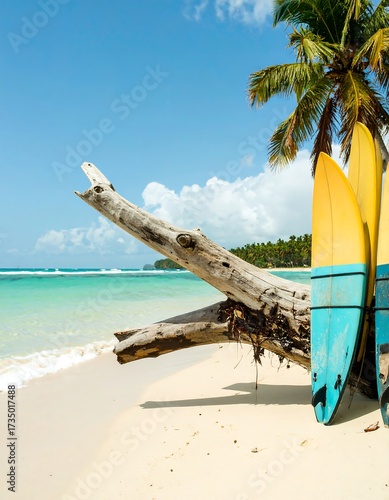 Tropical beach scene with surfboards