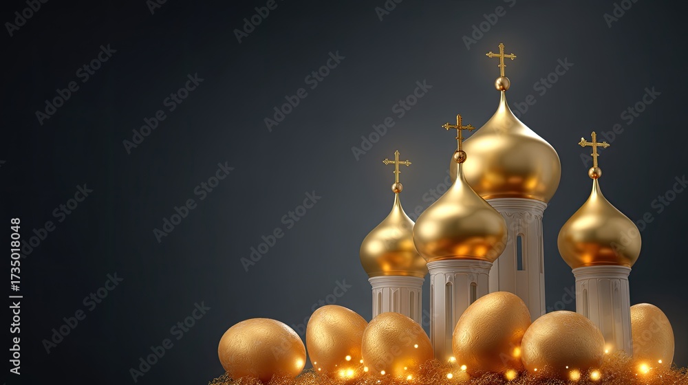 Obraz premium Golden Domes and Shimmering Eggs Set Against a Dark Background for Festive Celebrations