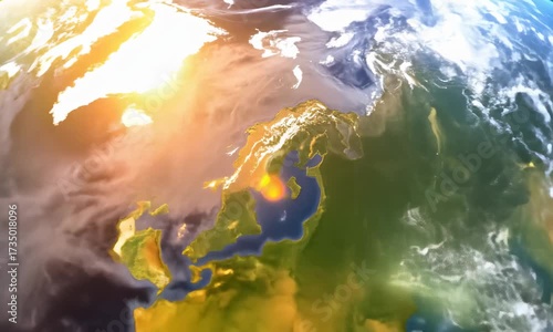 4K satellite view of Earth spinning in space, dramatic zoom effect, vibrant sunrise over the planet, concept of climate change highlighted by glowing atmosphere, visible city lights at night