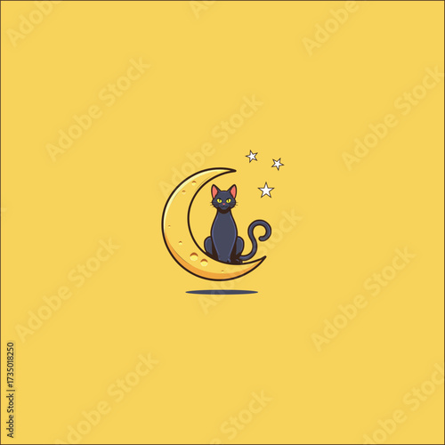2d vector black cat sitting on a crescent moon